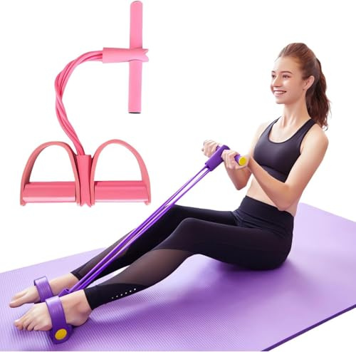 21 Fitness Resistance Bands-4 Tube Pedal Ankle Puller, Stretch Exercise Rope, Full-Body Trainer Tool | Abdominal Strength Expander, Elastic Leg Tensioner, Multifunction Sit-Up Gear (Pink)