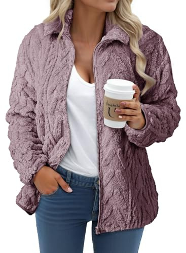 Dokotoo Winterjacke Damen Warm Fleece Jacken Mäntel Damenjacke Reißverschluss Langarm Wintermantel Einfarbig Damenmantel mit Taschen Stehkragen Lässige Bekleidung Jacke Lila L