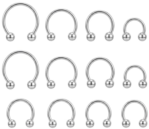 Yolev 12pcs Horseshoe Nose Ring 16g Septum Rings Septum Piercing Jewellery | Silver Horseshoe Septum Rings Surgical Steel Nose Septum Piercing Jewellery Cartilage Earring Hoop 6-16mm