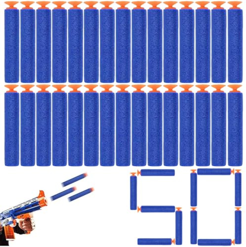 AJNZAU 50 Pièces Fléchettes Elite Avec Ventouse, Accessoires De Pistolet Jouet En Mousse Pour N-Strike, Enfants, Extérieur (Bleu, 7.2X1.3 Cm)