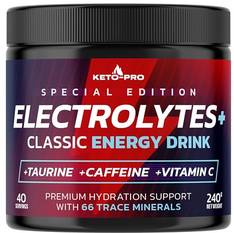 Keto-Pro Electrolytes 240g – 40 servings | Electrolyte powder with Taurine, Caffeine, Vitamin C and 66 trace minerals | Supporting health & fitness goals | Special Edition Classic Energy Drink flavour