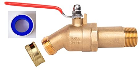House Mods HMP010 Full Port Brass 3/4 MNPT Water Heater Drain/Flush Ball valve(2 inch Shank, LF Compliant, 180 Degree Handle, w/Garden Hose Cap and Thread Tape)