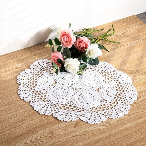 Eiyye 2-Pieces Handmade Cotton Crochet Doilies Oval Lace Table Crochet Placemats 12 x17inch, White