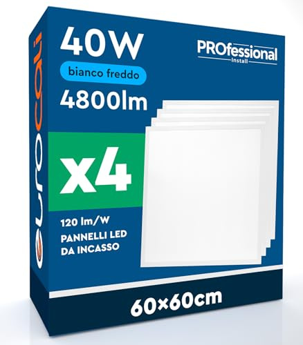 4 Pannelli LED 60x60 40W Quadrati da Incasso 4800 Lumen - Luce Fredda 6500K - Plafoniera da Ufficio Alta Luminosità 120 lm/W Lampada da Soffitto per Controsoffitti Modulari