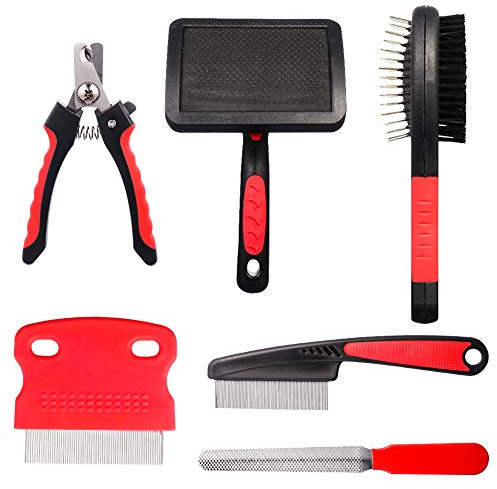 Tonyg-p 6 Pack Dog & Cat Grooming Set - Soft Slicker Brush, Double Sided, Pin & Flea Comb, Nail Clippers & File