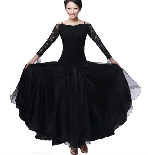 Tzdd Vestiti da Ballo Standard Valzer Moderna Abbigliamento Ballo Standard da Pratica Manica Lunga Abito da Ballo Donna Liscio Abiti Donna Tulle Cuciture in Pizzo,Nero,M