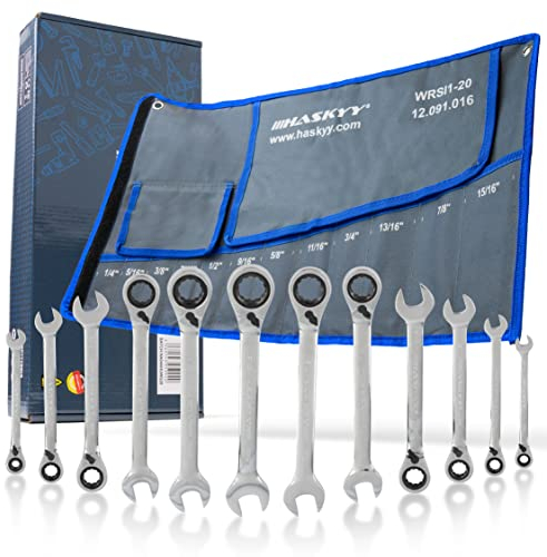 HASKYY 12tlg-Gewinkelte-Zoll-Ratschenschlüssel-Satz-Set I 1/4-15/16 I Imperial Harley Maul-Gabel-Schlüssel Inch-Ratschen-Schlüssel