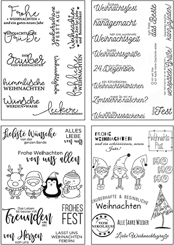 Silikonstempel Weihnachten Deutsch, 4 Blätter Clear Stamp Weihnachten, Frohe Weihnachten Stempelset, Silikonstempel Winter, Clear Stempel Set für DIY Bullet Journal Scrapbooking Fotoalbum
