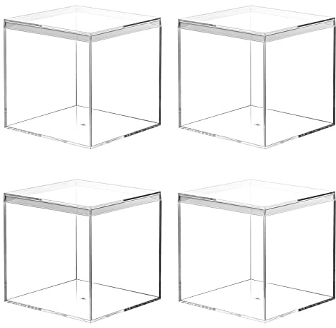 Kamehame Caja expositora acrílica con tapa, cajas pequeñas transparentes, 4 unidades, 10 x 10 x 10 cm, cajas cuadradas de almacenamiento para caramelos, píldoras, joyas, maquillaje y caja de regalo