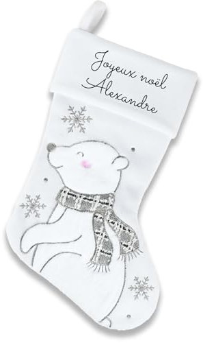 DECOHO - Chaussette Feutrine Blanche - Botte de Noël décorative personnalisée pour cheminée | Ours Blanc