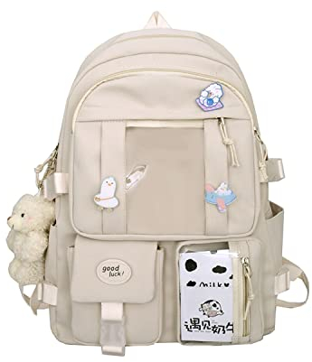 EVEOUT Sacs à Dos pour Enfant avec de Jolies étiquettes et épingles Grande capacité Sacs portés Dos pour Fille Sac à Dos Nylon Adolescent Cartable Multi-Poches (Beige)