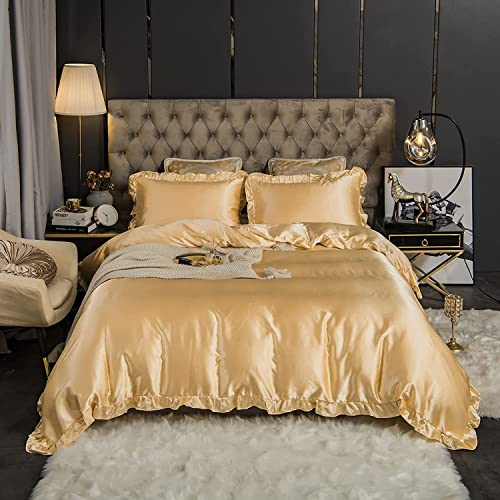Sedefen Satin Bettwäsche Set 135x200cm mit Rüschen Gold Glatt Glänzend Luxus Seide Bettwäsche Set Kühlender Uni Sommer Bettbezug mit Reißverschluss und Kissenbezug 80x80cm