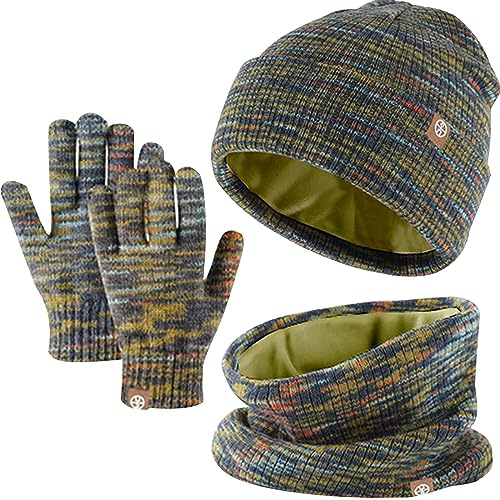 Baynetin Kids Winter Hat Scarf Touch Screen Gloves Set 3-in-1,Beanie Hat Knited Warm Set, Winter Accessories Sets for Children Outdoor Age 5-12 (Green Mix)