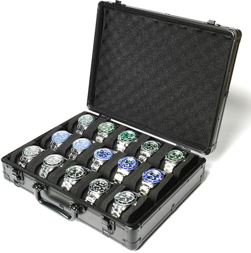 AUKURA Boîte de rangement pour montres à 15 emplacements en aluminium, boîte de voyage rigide pour montre, étui rembourré pour l'affichage et l'organisation