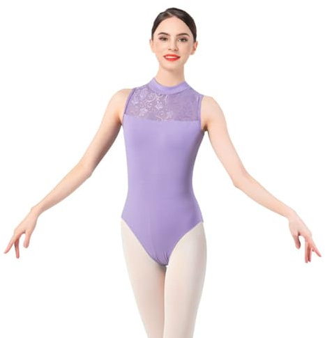 FYMNSI Damen Ballettanzug Ballettbody Sport Yoga Tanz Body Gymnastikanzug Ballett Trikot Ärmellos Bodysuit Rückenfrei Spitze Einteiler Turnanzug Leotards Overall Elegant Oberteile Violett XXL