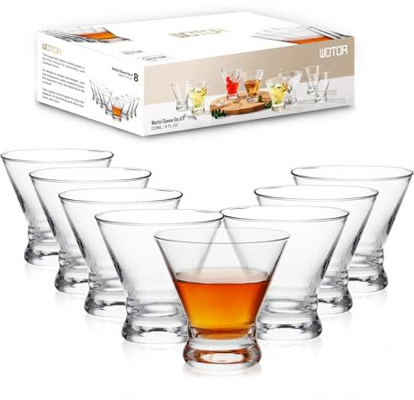 WOTOR Stemless Martini Glasses Set of 8, 8oz Cocktail Glass Set, Fancy Modern Martini Cups for Bar, Short and Small Margarita glasses
