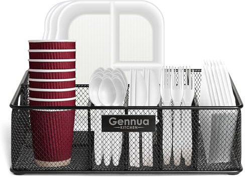 Gennua Kitchen Paper Plate Organizer for Cabinet, Counter, Picnics, Parties & More, Extra Large Utensil Caddy Crafted of Thick Iron Mesh With 6 Compartments for Paper Plates & Plastic Silverware