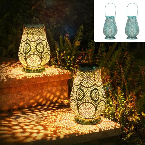 JOYCREATOR Lot de 2 lanternes solaires orientales étanches IP65 en métal - Pour l'extérieur, le jardin - À suspendre - Balcon, patio, véranda (turquoise/petit)
