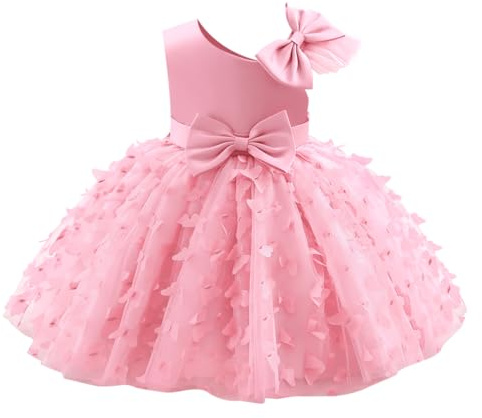 Baby Girls Party Dress Flower Girl Dresses Princess Elegant Butterfly Bowknot Birthday Wedding Christening Gown Toddlers Bridesmaid Sleeveless Mesh Tulle Skirt Pink 9-12M