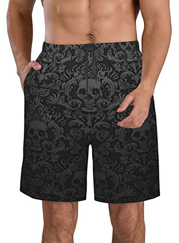 Motivo Damascato con Teschio Gotico Nero Gotico Uomo Pantaloncini da Surfe Estate Bagno Shorts Resistenti Pantaloncini da Mare con Tasche Calzoncini XL