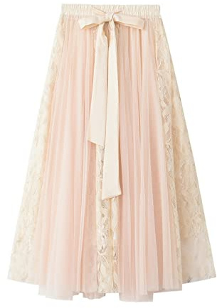 Falda midi de malla para mujer, falda plisada de cintura alta elástica con lazo frontal y detalle de encaje, faldas para mujer, beige, Altoa única