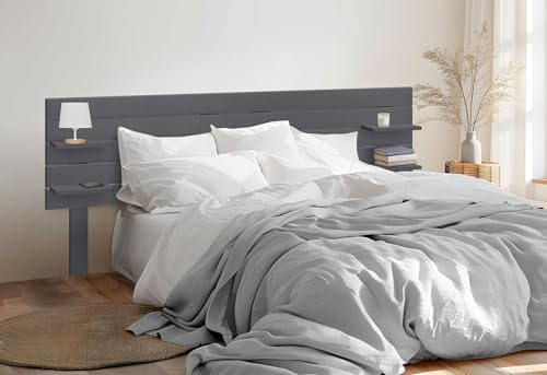 DHOME Tête de Lit en Bois Recyclé MDF avec Étagères et Pieds Style Palette Table de Nuit Étagères Horizontales Lit Nordique Ferrures Incluses (Gris Massif, Lit 180cm)