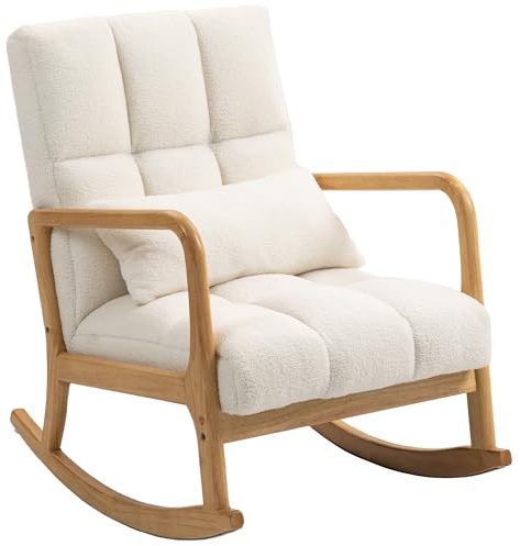 HOMCOM Poltrona a Dondolo 90°-130° con Cuscino Lombare, Poltrona per Salotto in Tessuto Sherpa e Legno, 64.5x82x89 cm, Bianco e color Legno