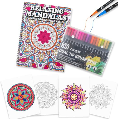 Atoke Mandala Livre de coloriage pour adultes Avec 36 marqueurs de couleur,30 motifs de mandalas,reliure spirale Livre de coloriage pour soulager le stress et se détendre, cadeau pour femmes