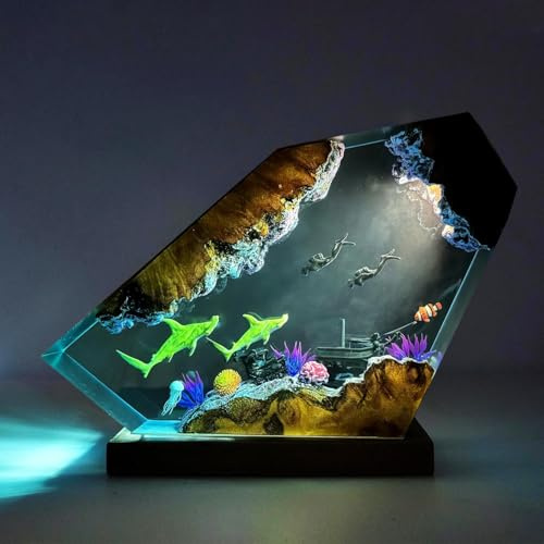 MASDEC Hammerhead Shark Resin Ocean Lamp, Handmade RGB Resin Night Light with Wooden Base,Scuba Diving Gifts for Ocean Lovers,Unique Birthda Valentine's Day Gifts for Women & Men (S 6X4)