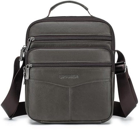 SPAHER Bolso Bandolera Hombre Piel Grande Bolsa Mano de Cuero Cartera Bolso Mariconera con Correas Ajustables para Negocios Viajes y Uso Casual