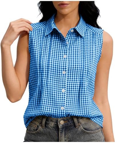 Chemise sans Manches Femme à Carreaux Haut d'Été Col Revers Classique Blouse Boutonnée Motif Vichy Chic Chemisier Décontracté sans Poche Coupe Droite pour Travail et Loisirs