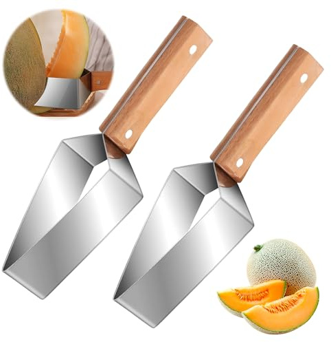 2 Piezas Cortador De Sandia, Cortadora De Sandía De Acero Inoxidable Con Mango De Madera, Herramienta De Corte De Melón, Fácil De Usar, Adecuado Para Frutas Como Sandía Y Melón Cantalupo