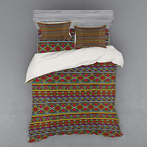 Ambesonne African Duvet Cover Set, Colorful Diamond Motifs with Angled Lines Lively Palette Geometric Borders, 4 Piece Bedding Set with Shams and Fitted Sheet, Queen Size, Multicolor