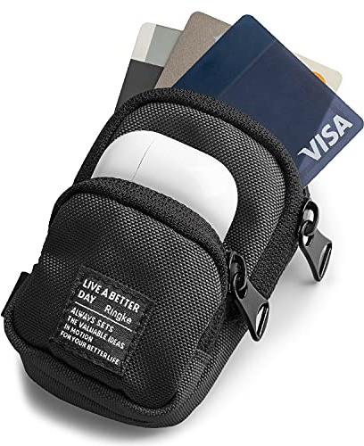 Ringke Mini Pouch [Two Pocket] mit Karabiner, Kleine Rucksack Langlebig Kratzfest Fleckensicher Reisegröße Tasche für AirPods, Galaxy/Pixel Buds, Schlüssel, USB, mehr - Black