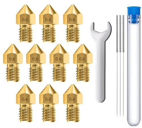 MMOBIEL 10 pièces MK8 en Laiton de 0,6 mm pour imprimante 3D, extrudeuse Compatible avec Les séries Creality Ender 3, Ender 5, CR-10/10S, Makerbot, Anet A8, incluant 3 Aiguilles de Nettoyage et Clé