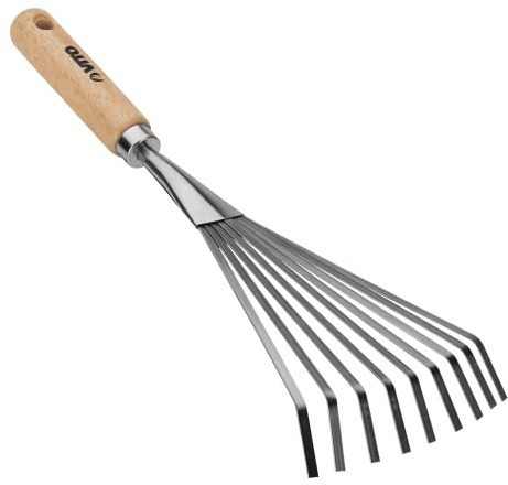 VITO Garden - Handrechen aus Edelstahl mit Holzgriff - mit elastischen Zinken - Fächerbesen für Garten - Kleinrechen für Laub, Unkraut und Grasschnitt - Fächerbreite 13 cm, Gesamtlänge 40cm