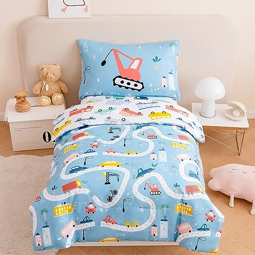 STYHO Toddler Duvet Cover and Pillowcase Set Reversible Blue Cars Todder Bedding for Boys Girls Colorful Cranes Bus Duvet Cover for Cot Bed(Blue, Cot Bed)