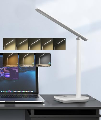 Aigostar lámpara escritorio LED, flexo LED escritorio plegable con cable, puerto USB y tipo C, 3 modos y 4 niveles de brillo, función de memoria, flexible ajustable, control táctil, blanco-gris