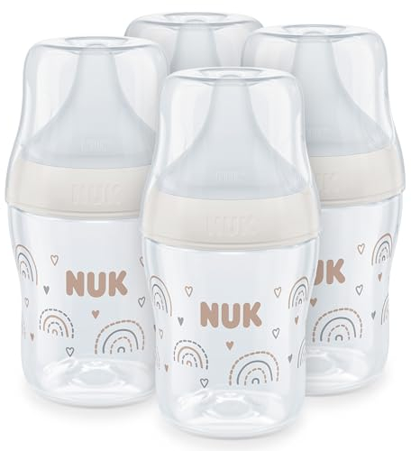 NUK Perfect Match Baby Bottles Set | 0+ Months | Adapts to Baby's Palate | Temperature Control | Anti Colic Vent | 150 ml | BPA-Free | Small Silicone Teat | Rainbow | 4 Count