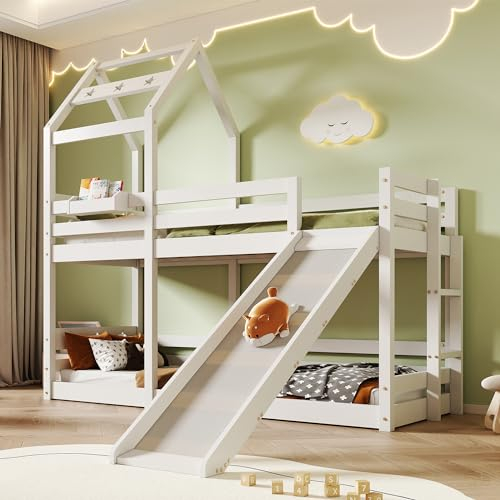 Kinderbett Hausbett 90x200, Kinder Bett Hochbett mit Rutsche und Leiter, Etagenbett für 2 Kinder Baumhaus mit Rausfallschutz Bett - Weiß, Ohne Matratze