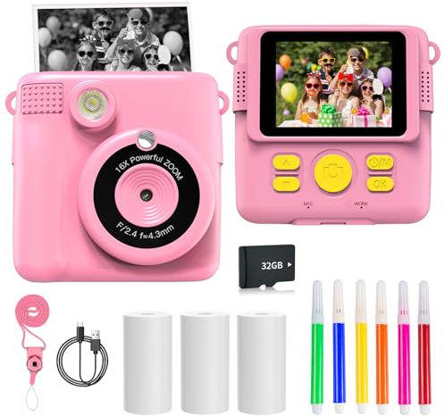 LuSeren Kids Instant Print Camera Toy, 1080P HD Digital Camera With Photo Paper, 6 Colour Pens, 32GB SD Card - Birthday Gifts for 3-12+ Year Old Girls and Boys