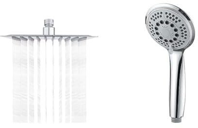 Ibergrif Tete de Douche Inox - Economie d'Eau, Pommeau de Douche Carré 20CM & GRIFEMA COMPLENTO-G804 Douchette à Main 5 jets pour Salle de Bain, Moyen Pommeau de Douche