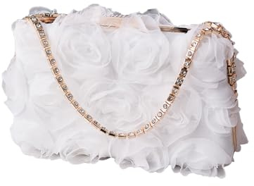 CORIOS Damkvällsväska blommor kuvertväska elegant handväska mini ros axelväska lyxig axelväska för bröllop bankett party avslutningsbal, Vit, Large