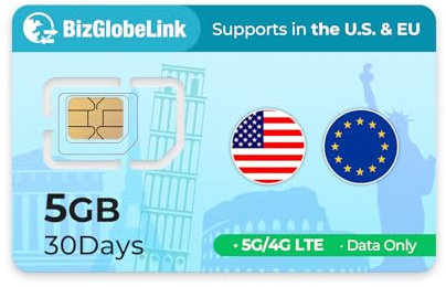 EIOTCLUB Scheda SIM da viaggio globale, 5 GB di dati per 30 Giorni in 33 Paesi europei e negli Stati Uniti, 5G, ricaricabile, senza numero di telefono, Plug-and-Play