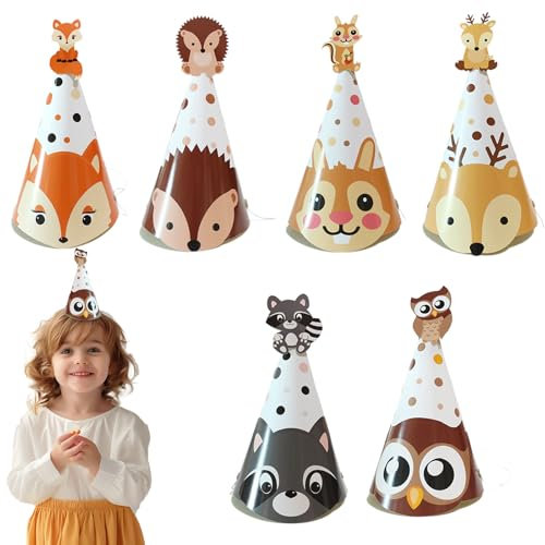 Falafoty 24PCS Chapeaux de Fête Anniversaire Kit, Chapeaux Cône de Fête sur Thème des Animaux, Chapeaux Fête en Papier pour Enfants Déguisement Anniversaire Décoration de Fête Accessoires Photo (B)