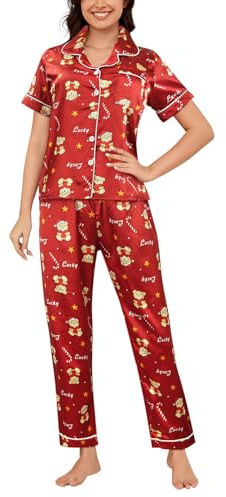 MyFav Conjunto de pijama de satén de seda para mujer, de manga corta, conjunto de pijama de dos piezas con botones, ropa de descanso S-2XL, Oso de Navidad, L