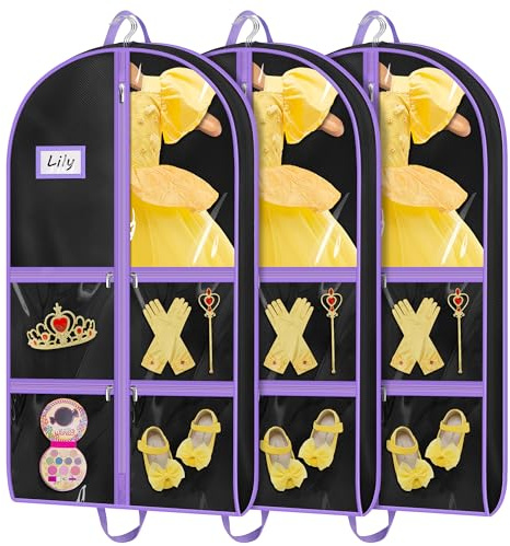 MISSLO Dance Garment Bags for Dancers with 4 Pockets Garment Bags for Dance Costumes 40 Cheer Uniform Garment Bag Hanging Kids Garment Bag for Recital, Competition, Travel, Storage, 3 Packs