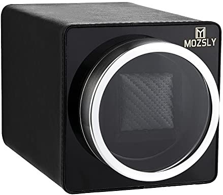 MOZSLY Single Watch Winder for Automatic Watches with Quiet Motor 12 Rotation Mode Setting Black Leather
