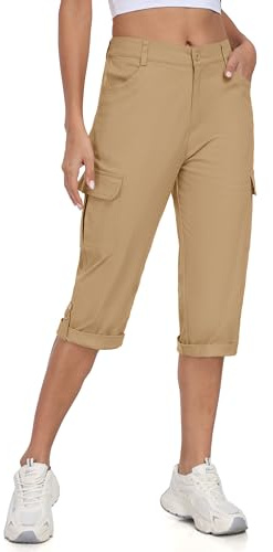 MoFiz Pantalon Cargo Femme Pantacourt été Randonnée 3/4 Pants Capri Cotton Pantalon avec Poches Kaki-A EU XXL