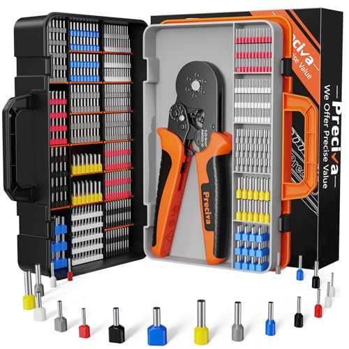 Preciva Kit de Crimpadora con Maletín Organizador, 1230 Piezas Terminales Eléctricos, Alicates de Crimpado con Trinquete Ajustable, Crimpadora 0.08-6mm² de Terminales Eléctricos
